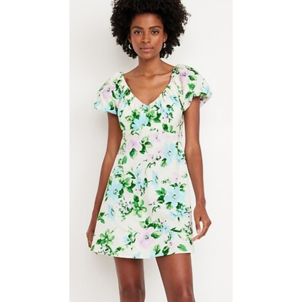 Old Navy Fit & Flare Puff Sleeve  Pastel Floral Mini Dress Off White Size M